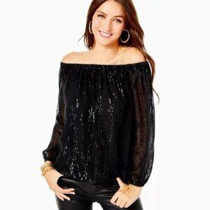 LILLY PULITZER Emilee Onyx Black Chiffon Long Sleeve Off the Shoulder Top Size M